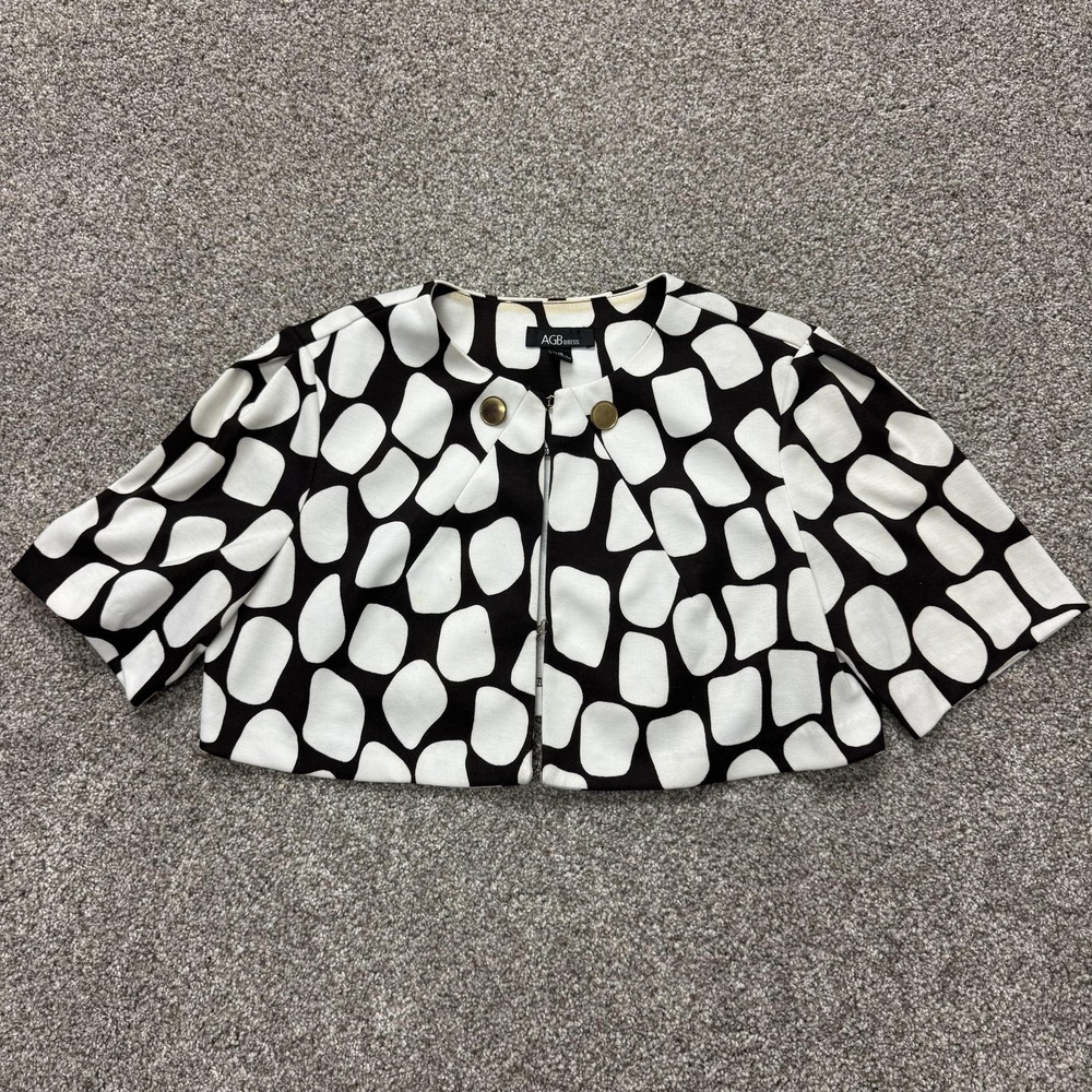 Y2K AGB Dress Jacket Womens 12 Black White Geometric Knit Collarless 3/4 Sleeve